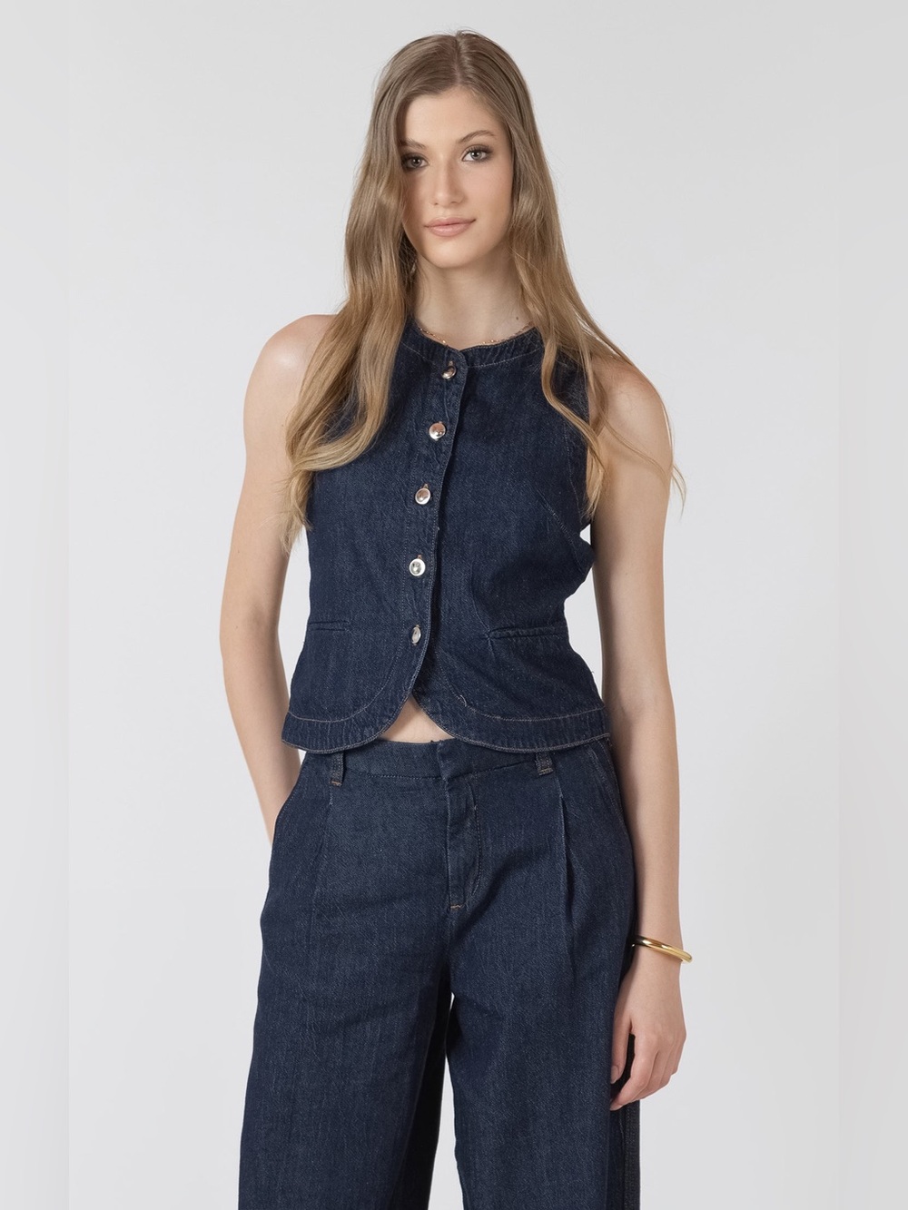 Zara Dark Wash Denim Vest Button Down Waistcoat Top | Blue